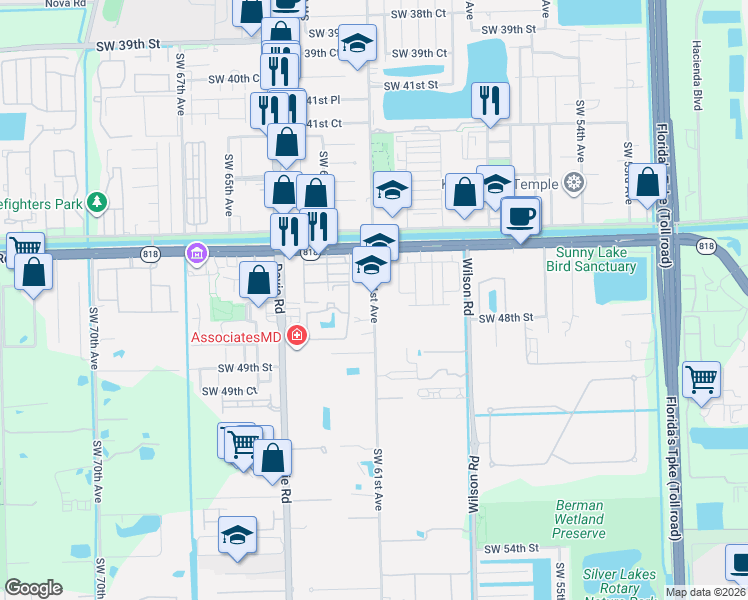 map of restaurants, bars, coffee shops, grocery stores, and more near 4680 Southwest 61st Avenue in Davie