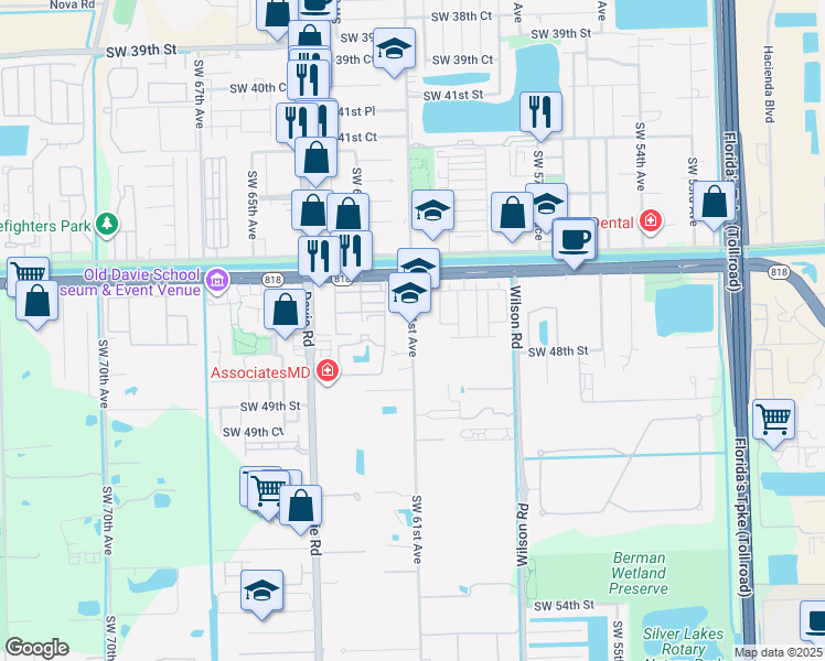 map of restaurants, bars, coffee shops, grocery stores, and more near 4680 Southwest 61st Avenue in Davie
