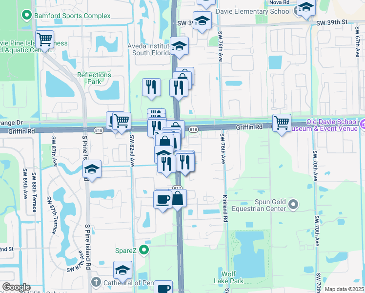 map of restaurants, bars, coffee shops, grocery stores, and more near 4675 Southwest 78th Avenue in Davie