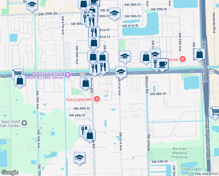 map of restaurants, bars, coffee shops, grocery stores, and more near 185 Southwest 47th Court in Davie