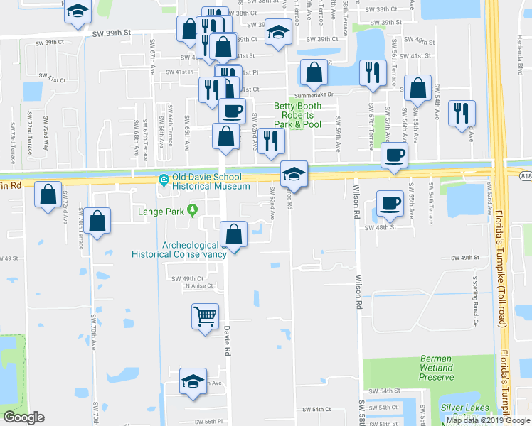 map of restaurants, bars, coffee shops, grocery stores, and more near 185 Southwest 47th Court in Davie