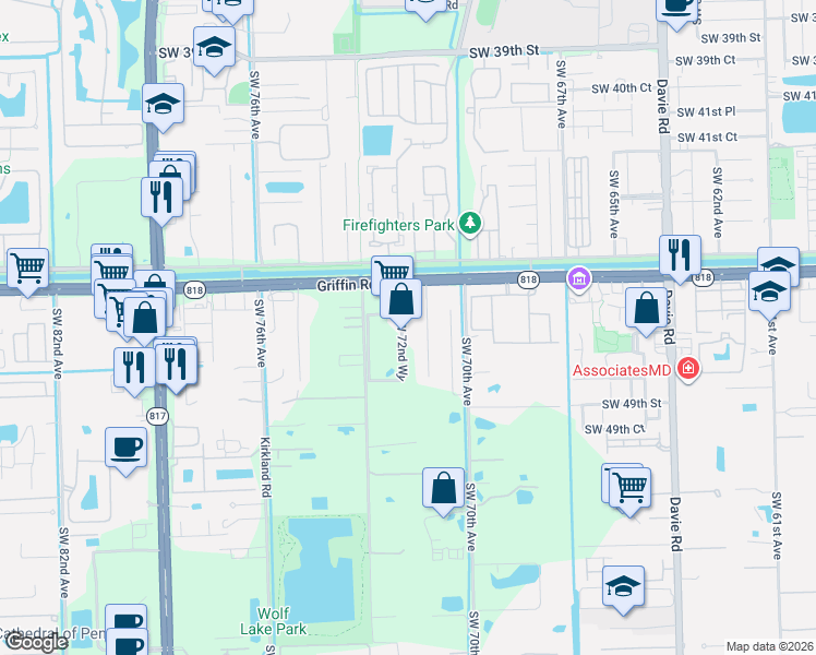 map of restaurants, bars, coffee shops, grocery stores, and more near 4769 Southwest 72nd Avenue in Davie