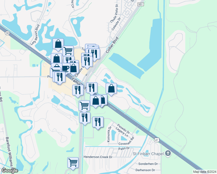 map of restaurants, bars, coffee shops, grocery stores, and more near 6800 Beach Resort Drive in Naples