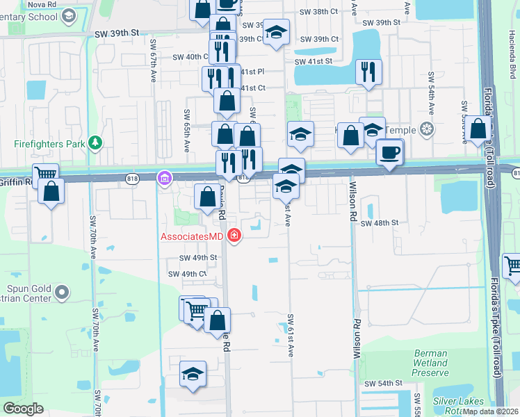 map of restaurants, bars, coffee shops, grocery stores, and more near 185 Southwest 47th Court in Davie