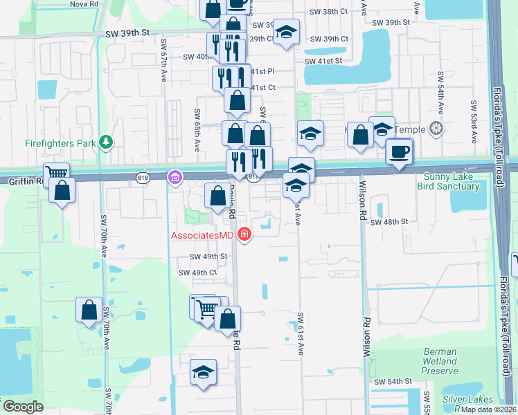 map of restaurants, bars, coffee shops, grocery stores, and more near 6250 Southwest 47th Court in Davie