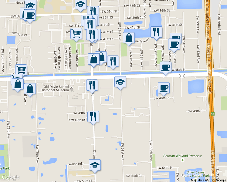 map of restaurants, bars, coffee shops, grocery stores, and more near 6221 Robert Lane in Davie
