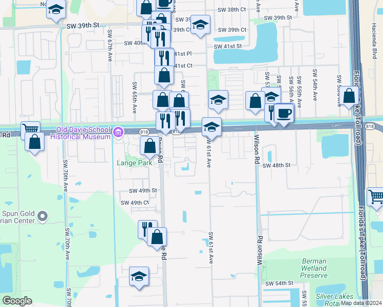 map of restaurants, bars, coffee shops, grocery stores, and more near 6221 Robert Lane in Davie