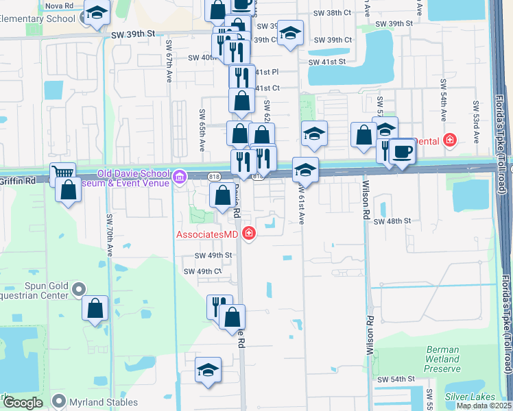 map of restaurants, bars, coffee shops, grocery stores, and more near 6325 Robert Lane in Davie