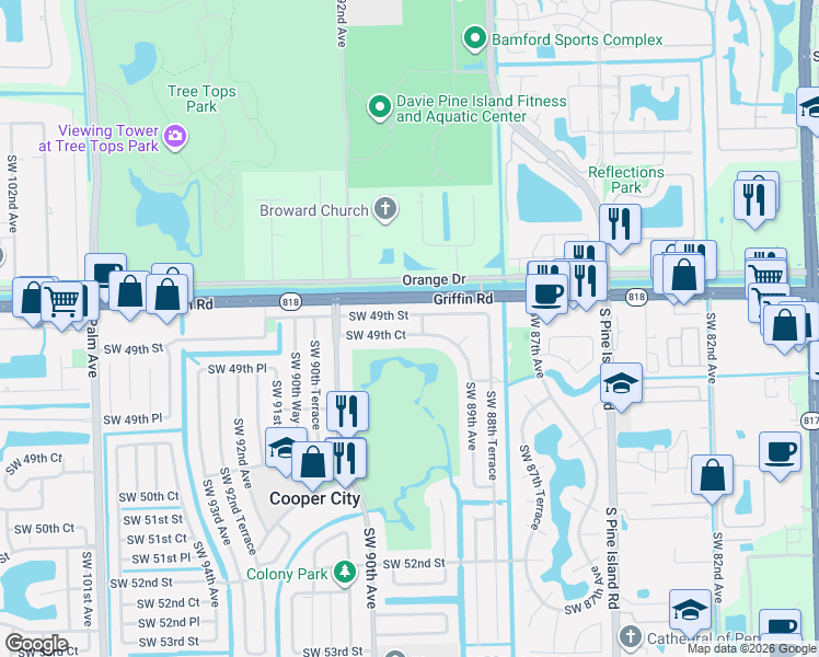 map of restaurants, bars, coffee shops, grocery stores, and more near 8909 Southwest 49th Street in Cooper City