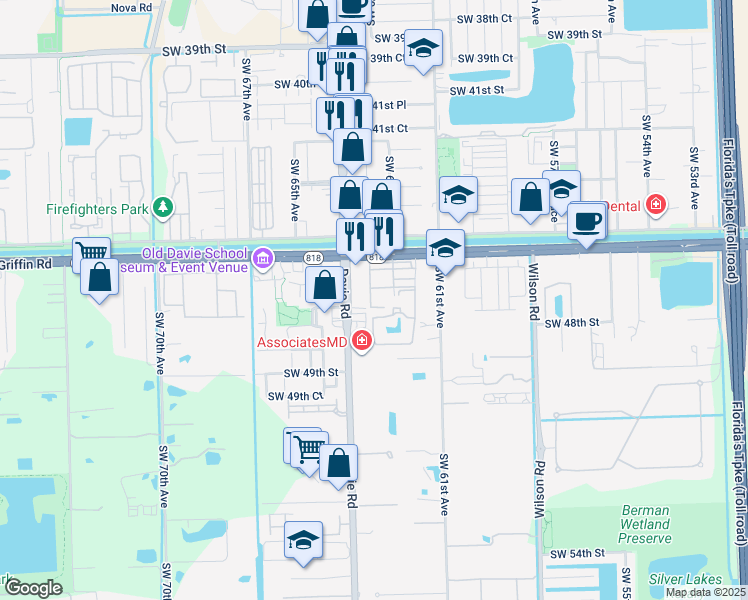 map of restaurants, bars, coffee shops, grocery stores, and more near 6325 Robert Lane in Davie