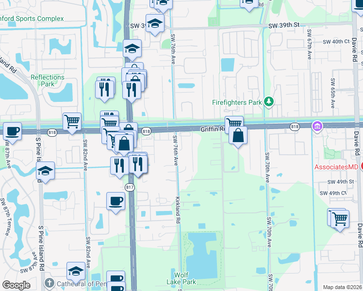 map of restaurants, bars, coffee shops, grocery stores, and more near 7432 Willow Grove Place in Davie
