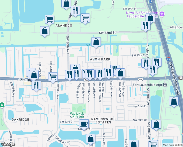 map of restaurants, bars, coffee shops, grocery stores, and more near 2757 Southwest 46th Court in Fort Lauderdale