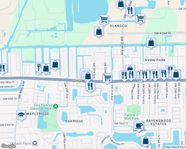 map of restaurants, bars, coffee shops, grocery stores, and more near 4680 Southwest 33rd Avenue in Fort Lauderdale