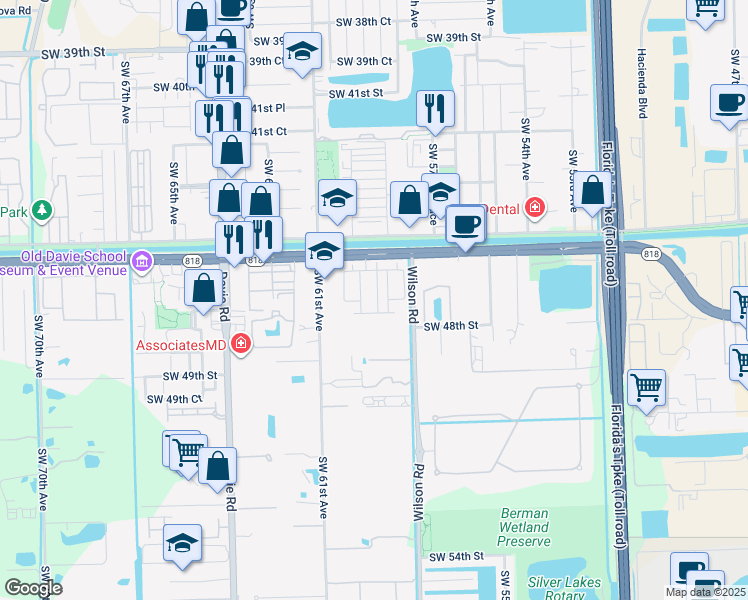 map of restaurants, bars, coffee shops, grocery stores, and more near 4670 Santa Cruz Way in Davie