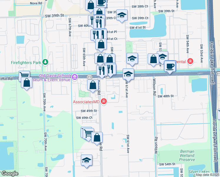 map of restaurants, bars, coffee shops, grocery stores, and more near 6325 Robert Lane in Davie