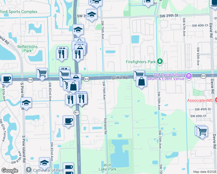 map of restaurants, bars, coffee shops, grocery stores, and more near 7432 Willow Grove Place in Davie