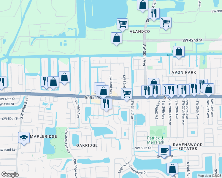 map of restaurants, bars, coffee shops, grocery stores, and more near 4650-4666 Southwest 33rd Avenue in Fort Lauderdale