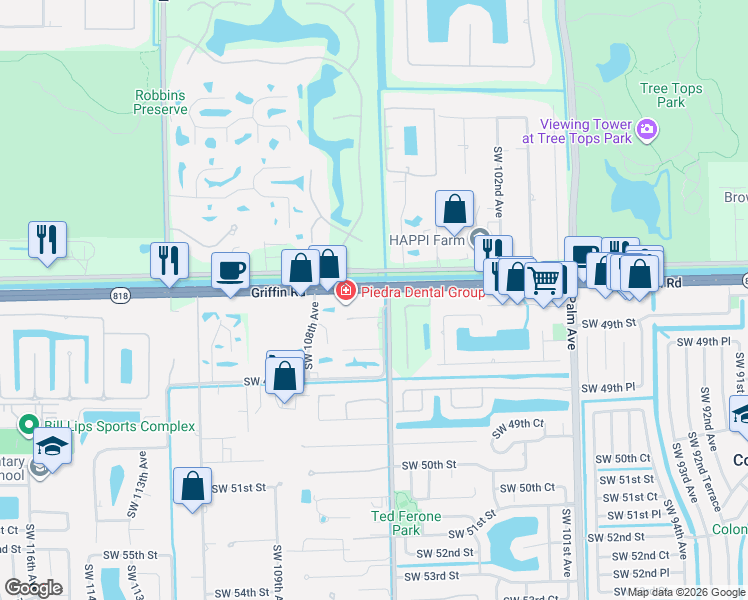 map of restaurants, bars, coffee shops, grocery stores, and more near 10640 Griffin Road in Davie