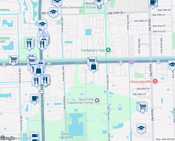 map of restaurants, bars, coffee shops, grocery stores, and more near 7290 Florida 818 in Davie
