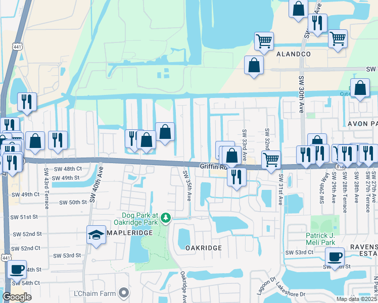 map of restaurants, bars, coffee shops, grocery stores, and more near 4705 Southwest 34th Terrace in Fort Lauderdale