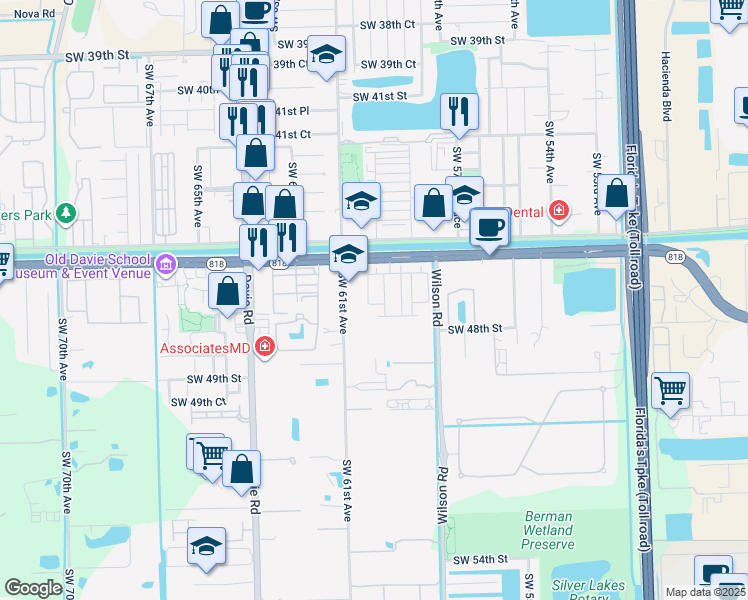 map of restaurants, bars, coffee shops, grocery stores, and more near 4670 Santa Cruz Way in Davie