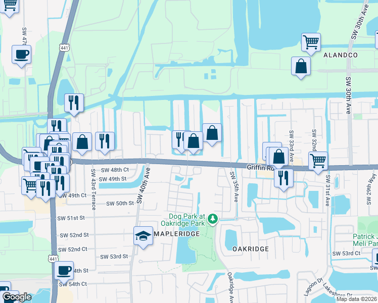 map of restaurants, bars, coffee shops, grocery stores, and more near 3701 Southwest 47th Court in Fort Lauderdale