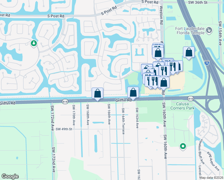 map of restaurants, bars, coffee shops, grocery stores, and more near 16503 Diamond Place in Weston