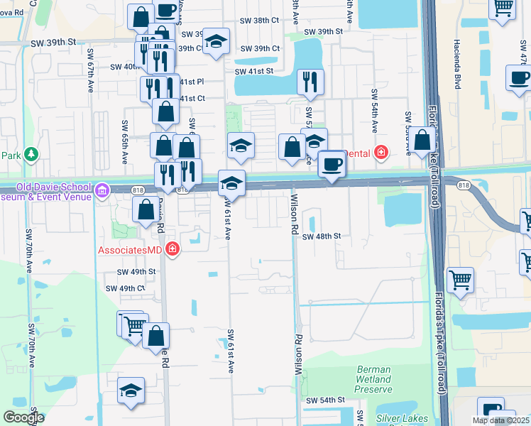map of restaurants, bars, coffee shops, grocery stores, and more near 4670 Santa Cruz Way in Davie