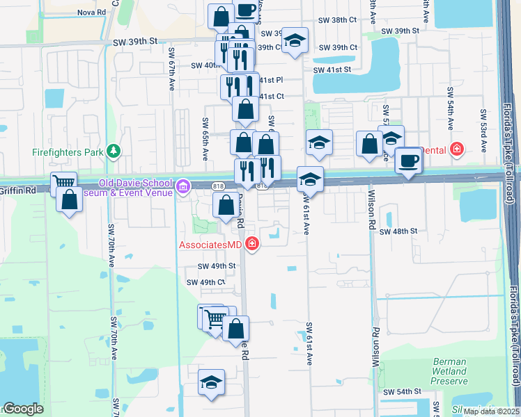 map of restaurants, bars, coffee shops, grocery stores, and more near 6325 Robert Lane in Davie