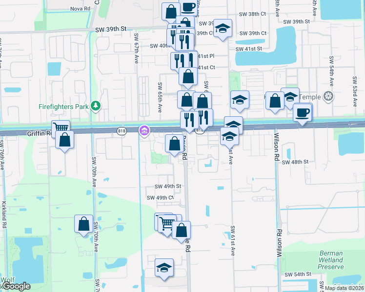 map of restaurants, bars, coffee shops, grocery stores, and more near 4601 Southwest 64th Avenue in Davie