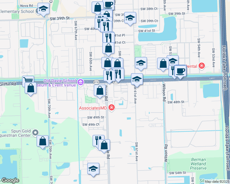map of restaurants, bars, coffee shops, grocery stores, and more near 6325 Robert Lane in Davie