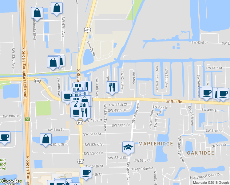 map of restaurants, bars, coffee shops, grocery stores, and more near 4743 Southwest 42nd Terrace in Fort Lauderdale