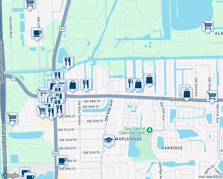 map of restaurants, bars, coffee shops, grocery stores, and more near 4757 Southwest 39th Avenue in Davie