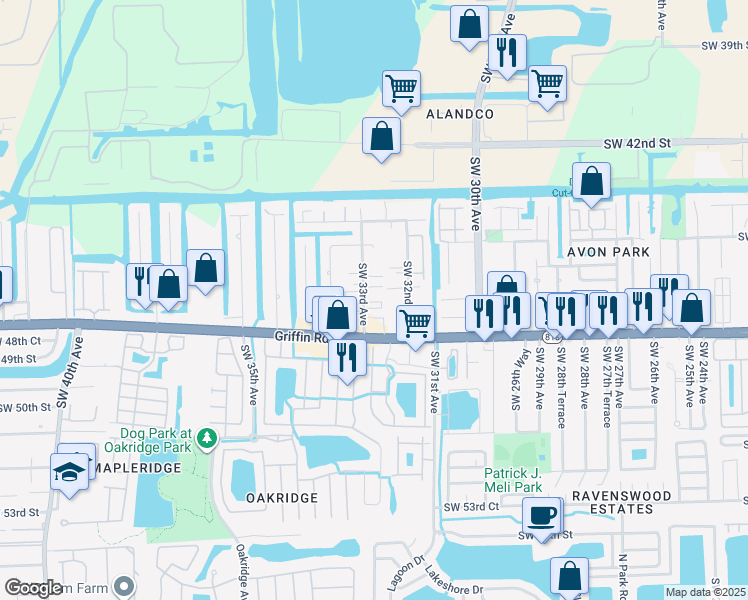 map of restaurants, bars, coffee shops, grocery stores, and more near 4680 Southwest 33rd Avenue in Fort Lauderdale
