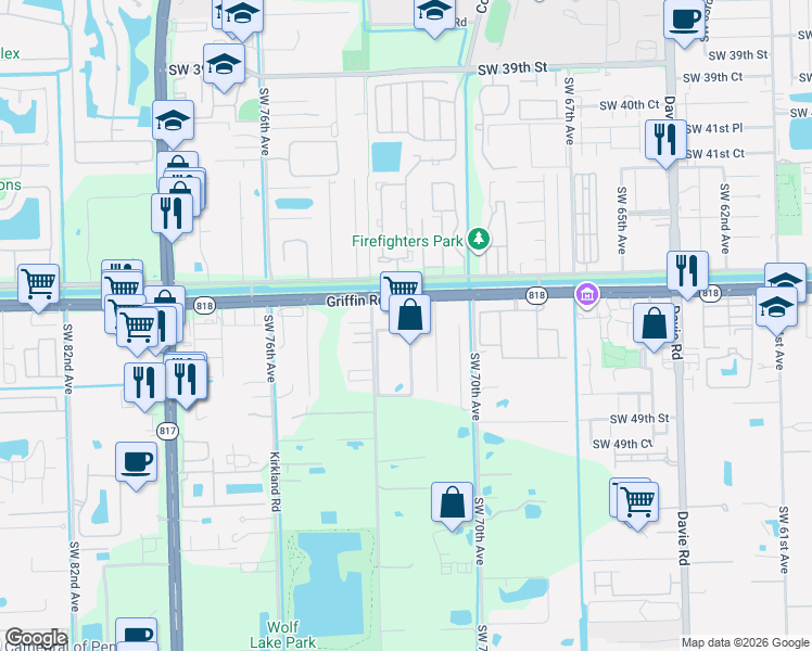 map of restaurants, bars, coffee shops, grocery stores, and more near 7250 Griffin Road in Davie