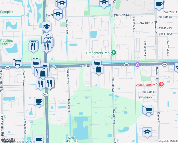map of restaurants, bars, coffee shops, grocery stores, and more near 7290 Florida 818 in Davie