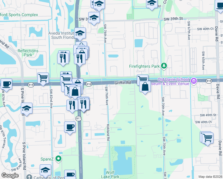 map of restaurants, bars, coffee shops, grocery stores, and more near 7432 Willow Grove Place in Davie