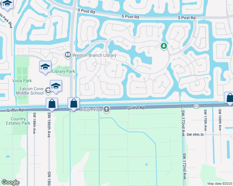 map of restaurants, bars, coffee shops, grocery stores, and more near 4288 Greenbriar Lane in Weston