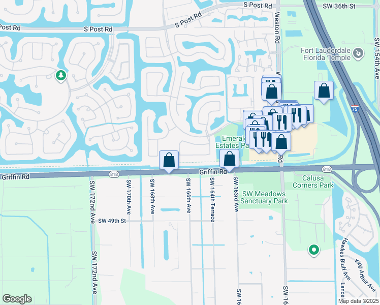 map of restaurants, bars, coffee shops, grocery stores, and more near 16503 Diamond Place in Weston