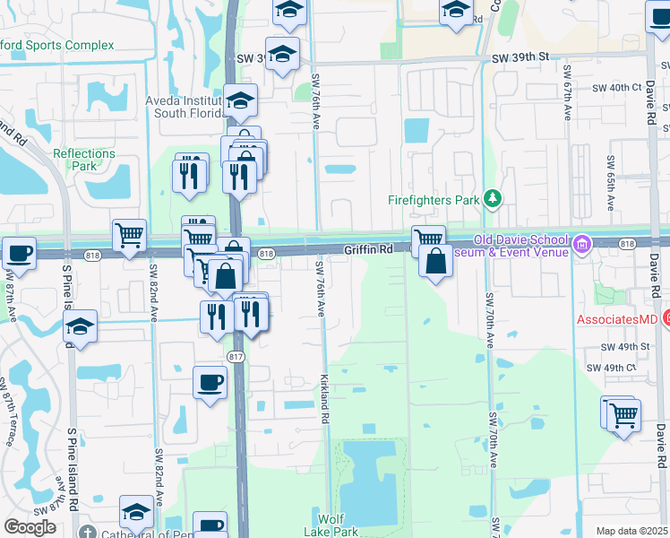 map of restaurants, bars, coffee shops, grocery stores, and more near 7432 Willow Grove Place in Davie