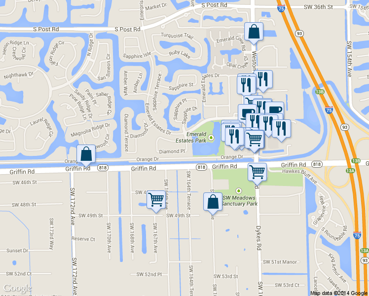 map of restaurants, bars, coffee shops, grocery stores, and more near 16401 Diamond Place in Weston