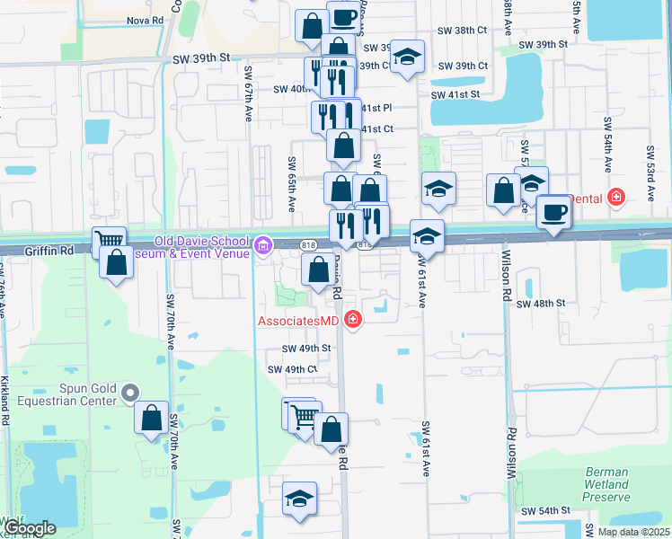map of restaurants, bars, coffee shops, grocery stores, and more near 4601 Southwest 64th Avenue in Davie