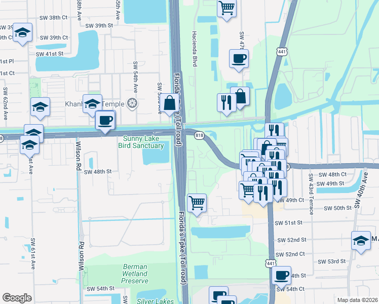map of restaurants, bars, coffee shops, grocery stores, and more near 5000-5098 Southwest 48th Street in Davie