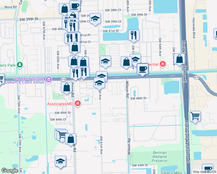 map of restaurants, bars, coffee shops, grocery stores, and more near 4650 Southwest 61st Avenue in Davie