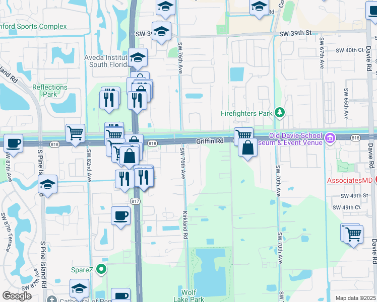 map of restaurants, bars, coffee shops, grocery stores, and more near 7432 Willow Grove Place in Davie