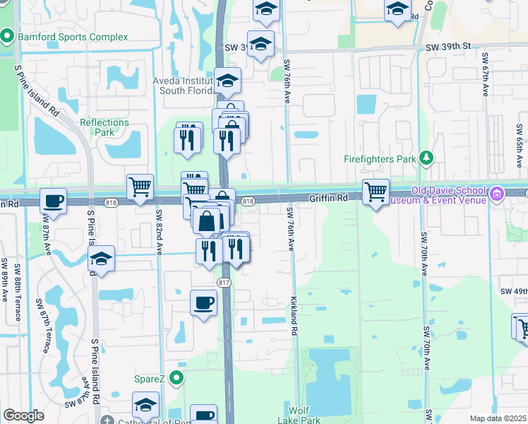 map of restaurants, bars, coffee shops, grocery stores, and more near 4665 Windmill Lane in Davie