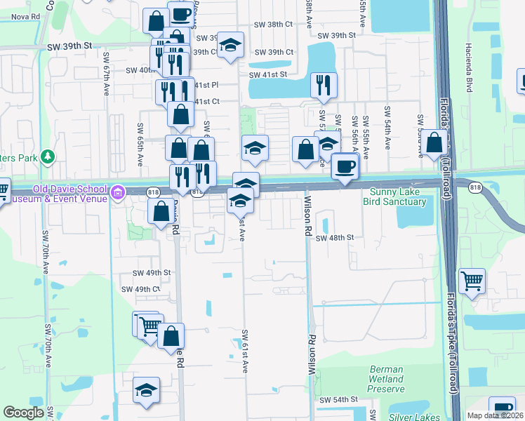 map of restaurants, bars, coffee shops, grocery stores, and more near 4650 Southwest 61st Avenue in Davie