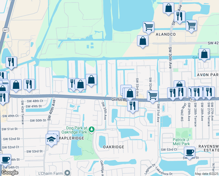 map of restaurants, bars, coffee shops, grocery stores, and more near 4705 Southwest 34th Terrace in Fort Lauderdale