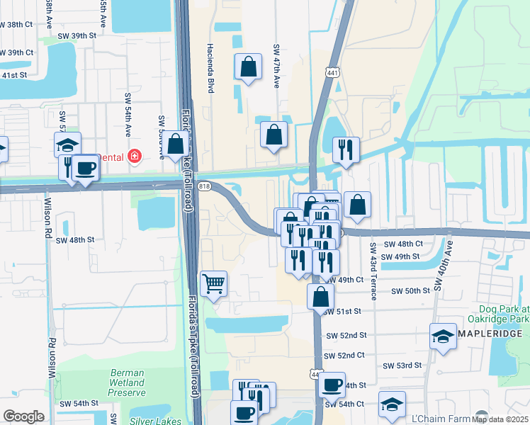 map of restaurants, bars, coffee shops, grocery stores, and more near 4661 Southwest 48th Avenue in Davie