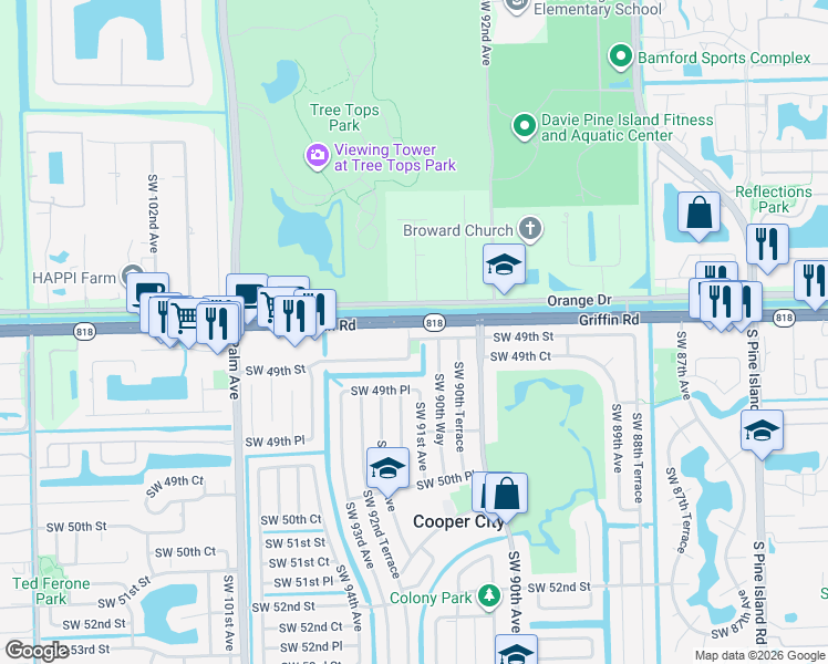 map of restaurants, bars, coffee shops, grocery stores, and more near 9440 Florida 818 in Cooper City
